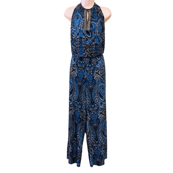 INC International Concepts Pants - INC NAVY BLUE PAISLEY PRINTED BEADED JUMPSUIT XL